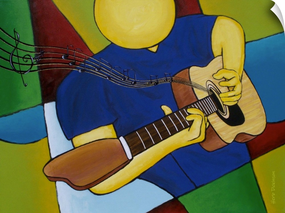 Abstract painting of a faceless person wearing blue and green playing the guitar with music notes flying out.