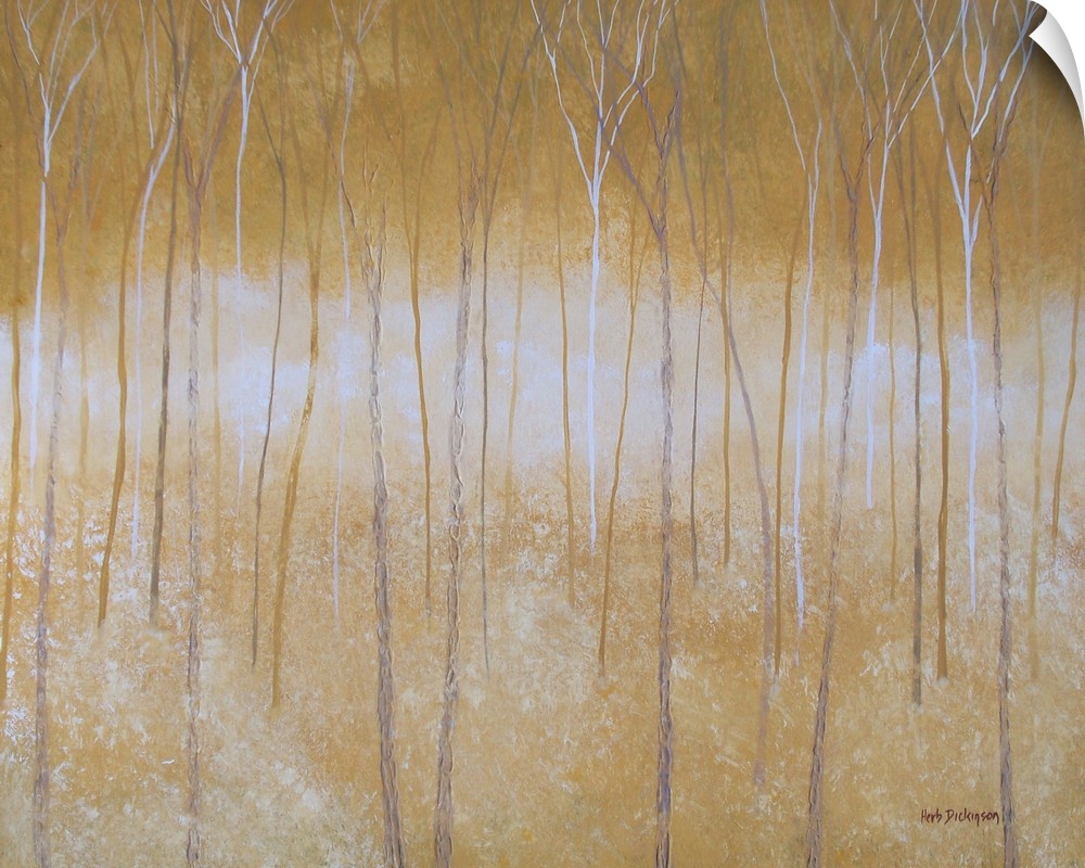 Abstract landscape with thin, bare trees in shades of gold, gray, brown, and white.