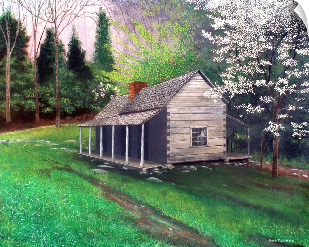 Contemporary painting of an old cabin is in the park area at Gatlinburg, Tennessee.