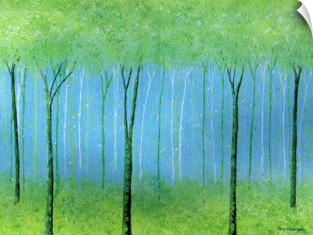 Impressionist tree landscape painting in shades of green and blue.