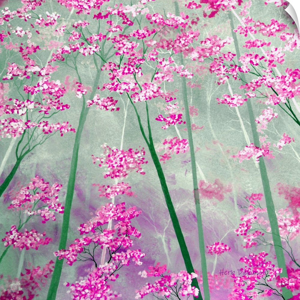 Square painting of pink tree tops with tree trunks made in shades of green.