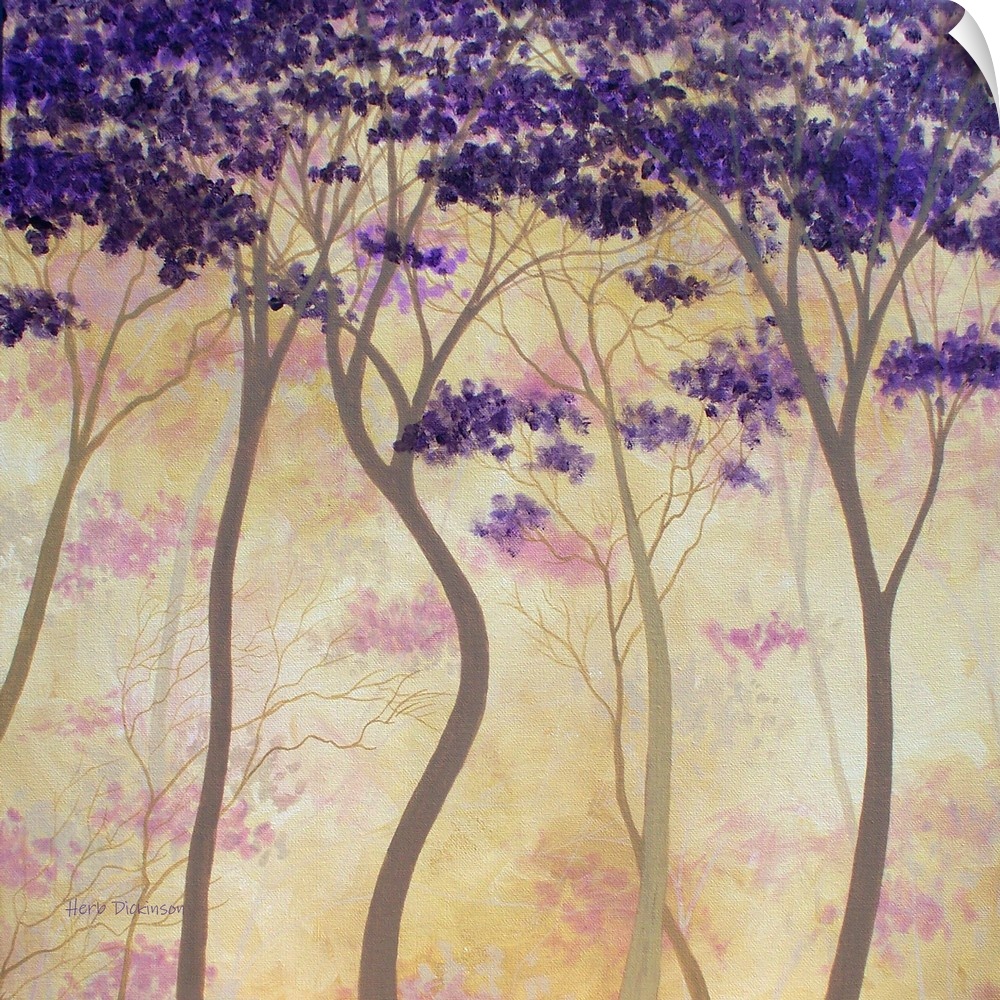 Contemporary painting of wavy trees with bright purple leaves with an orange and yellow background.