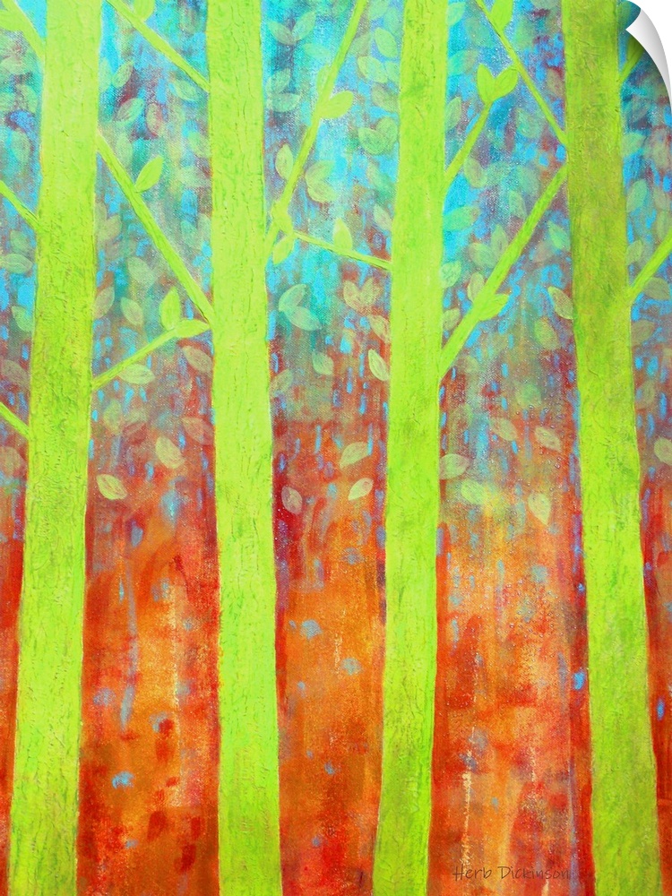 Bright green trees with a blue, orange, and red background resembling a rain forest.