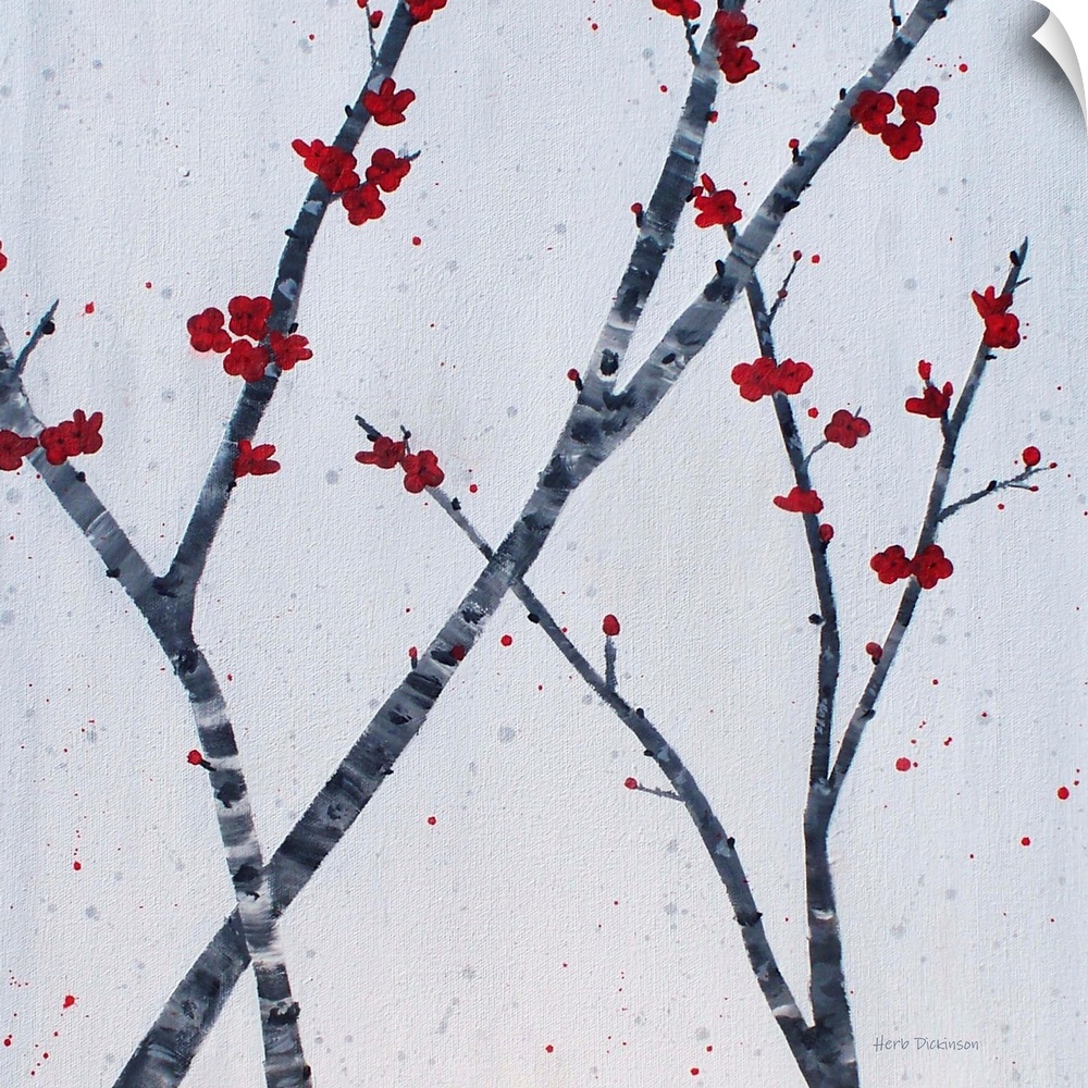 Square painting of red blossoms on fairly bare branches in shades of gray on a light gray background.