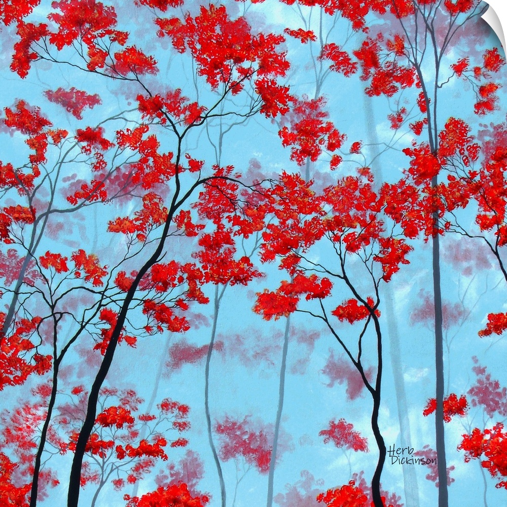 Square painting of tree tops with red leaves on a light blue background.