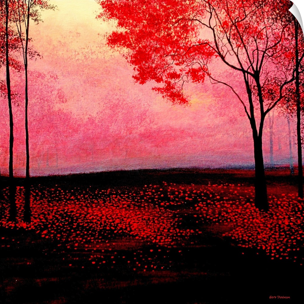Red forest landscape painting on a square background with dramatic black shadows.