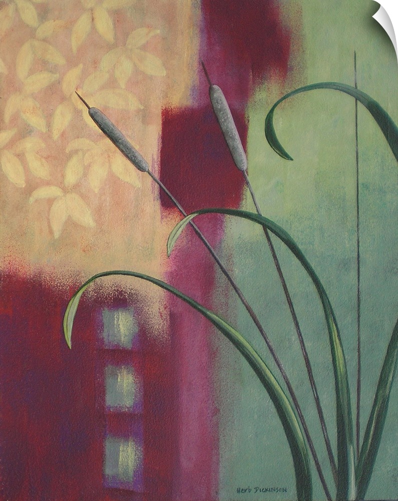 Contemporary painting of a plant with cattails on a decorative green, maroon and yellow background with designs.