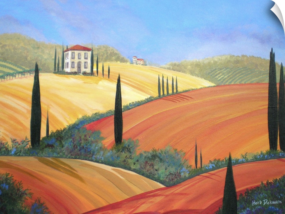 Contemporary landscape painting of warm rolling hills in Tuscany, Italy.