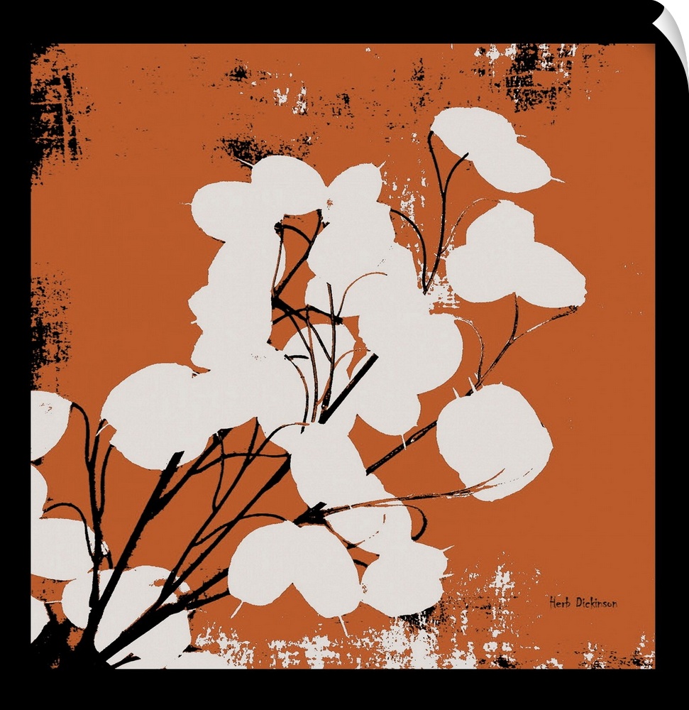 Square silhouetted painting of a money plant in orange, black, and white with a black boarder.