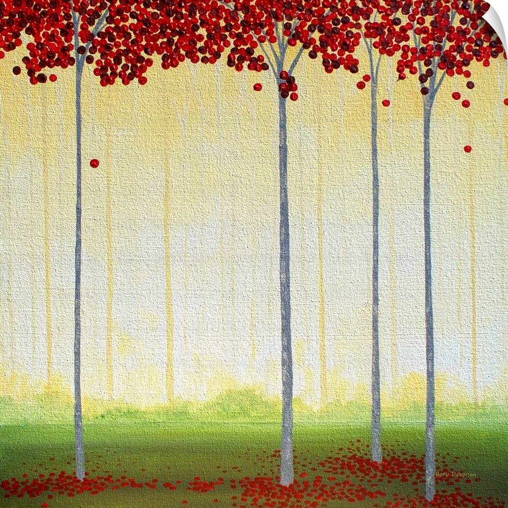 Square painting of tall, thin trees with circular red leaves in a golden lit forest.