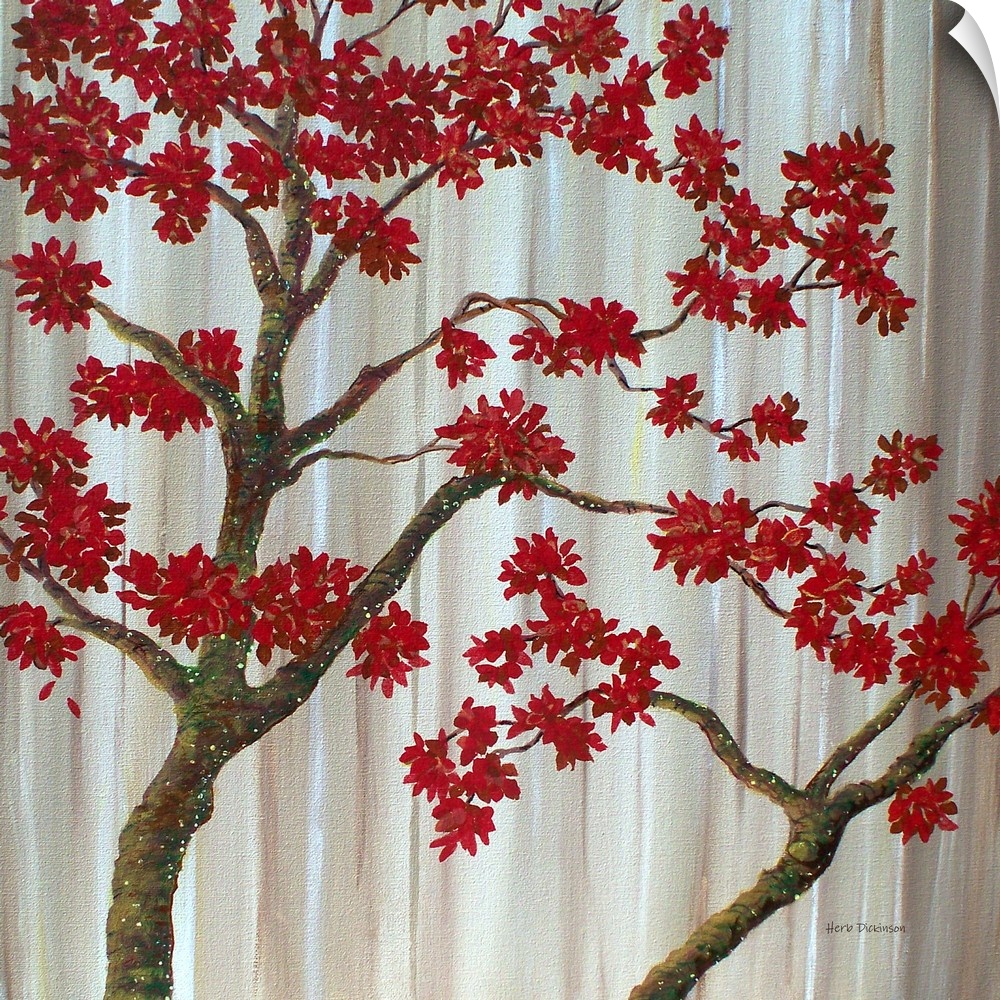 Square painting of tree branches with red leaves on a background made with shades of brown and white streaks.