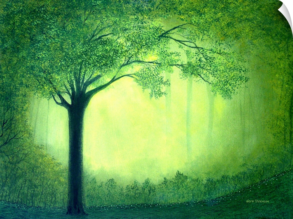 Landscape painting of Sherwood forest with green trees and golden light in the background.