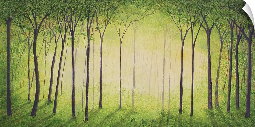 Contemporary landscape painting of a green forest with golden light shining through the center.