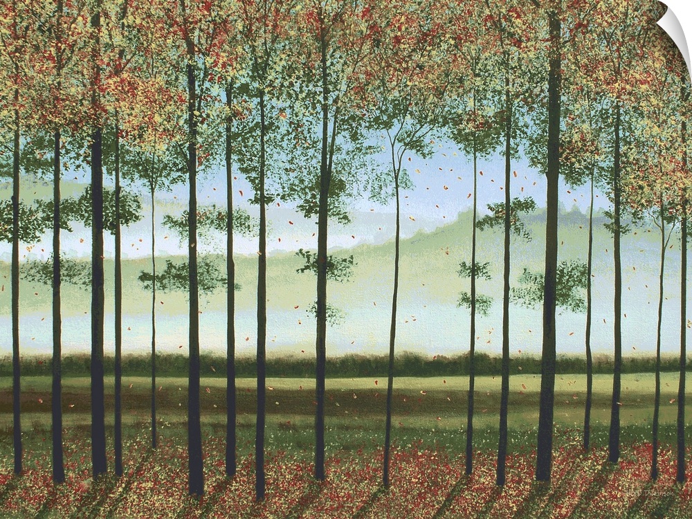 Contemporary landscape painting with Autumn trees in the foreground and faint silhouetted Smoky Mountains in the background.