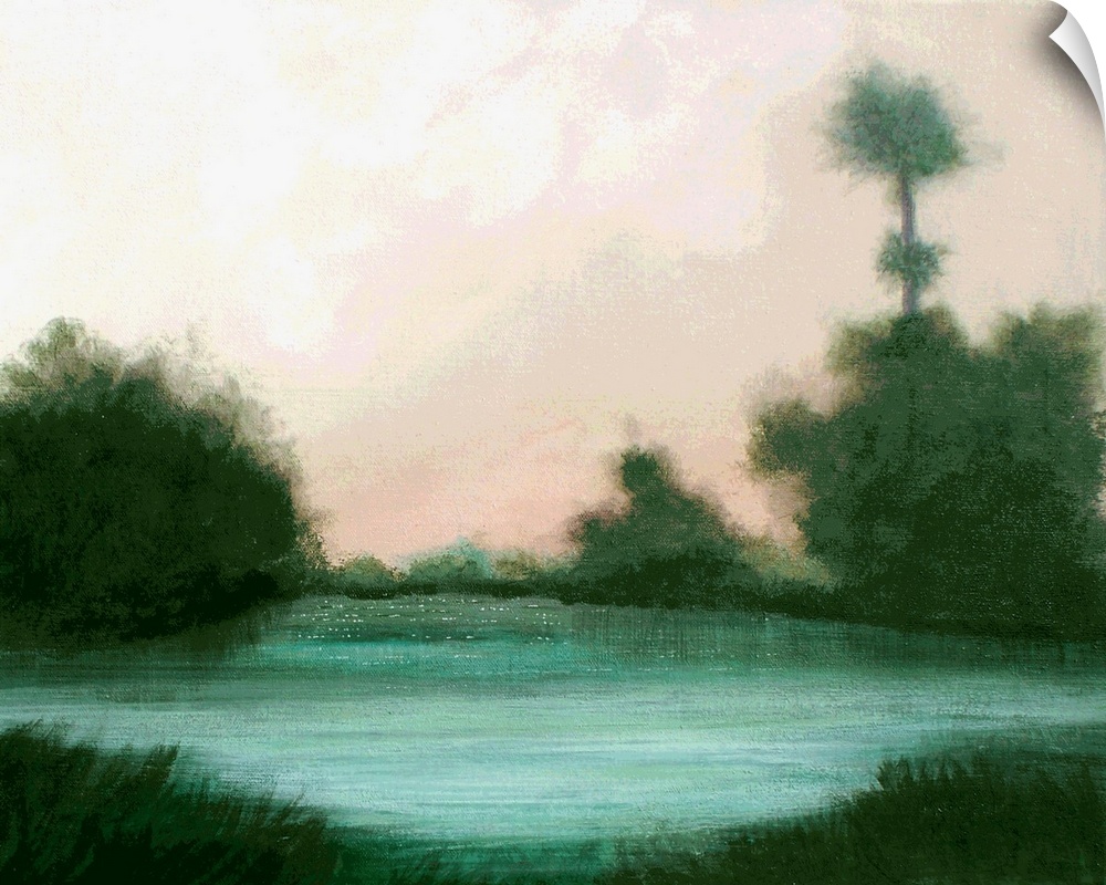 Impressionist painting of a lake landscape with emerald trees surrounding it and a pale pink sky.