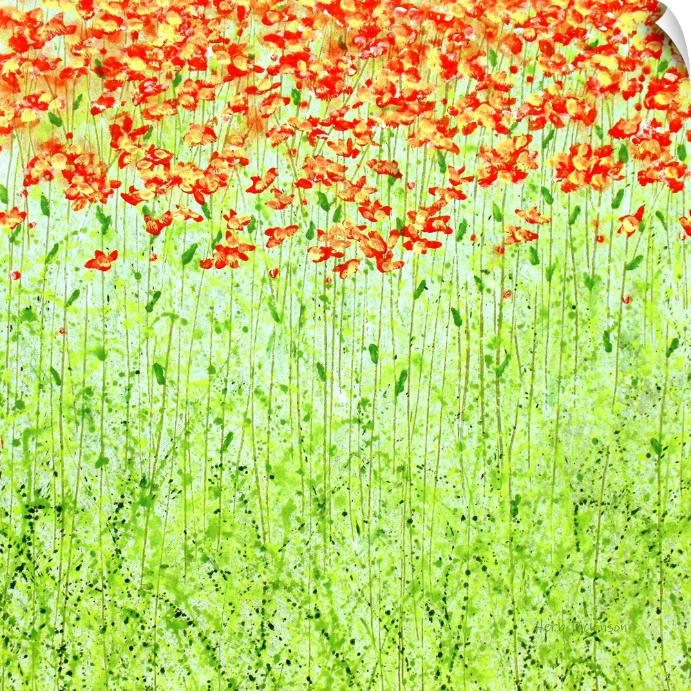 Square painting of long green stemmed red and yellow flowers.