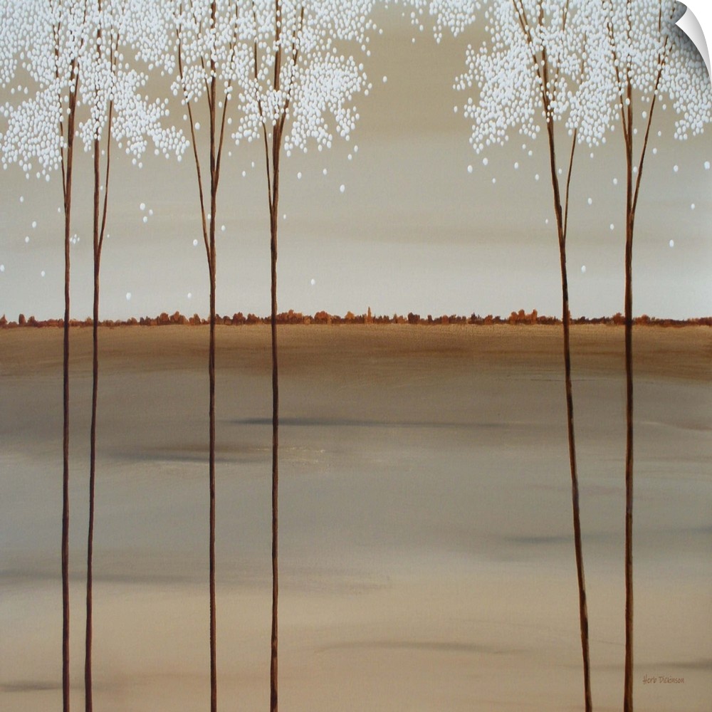 Minimalist square painting of tall Spring trees with white blossoms.