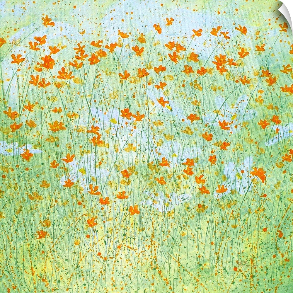 Spring garden with wild orange and yellow flowers on a light green and blue background with hints of yellow and paint spla...