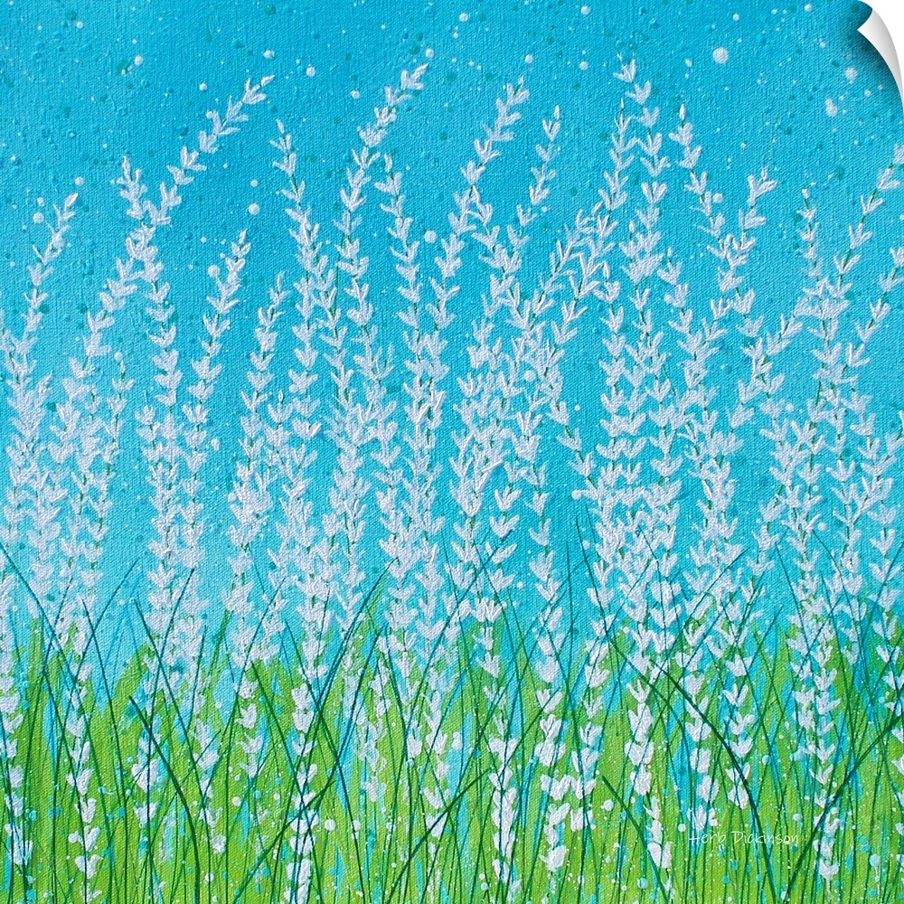 Square painting of a Spring landscape with tall white flowers and green blades of grass on a bright blue background.