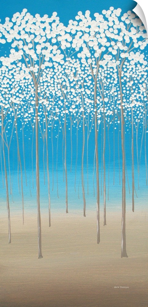 Abstract trees with white blossoms on a blue and brown background.