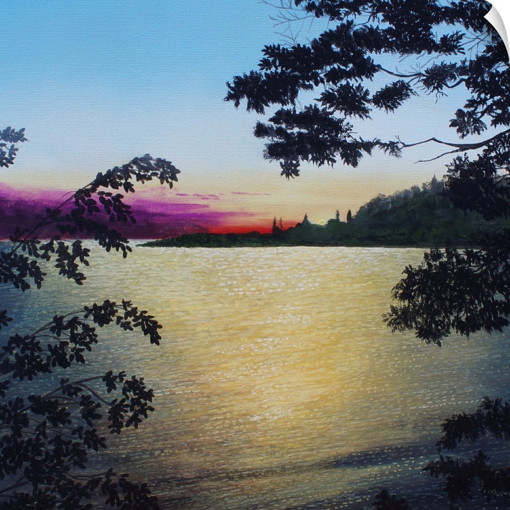 Square landscape painting of the St. Lawrence River viewed through leafy tree branches with a deep purple and red sunset i...