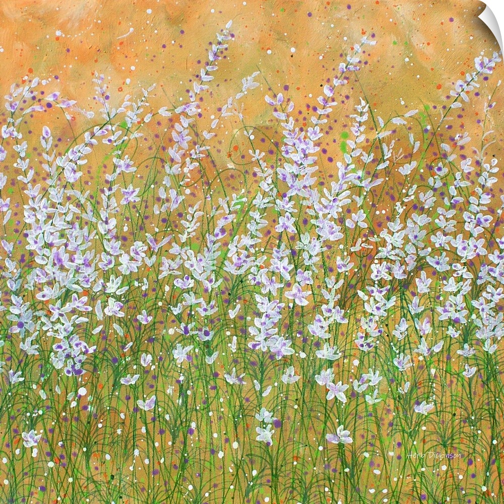 Contemporary painting of white and purple wildflowers with green leafy stems and an orange background.