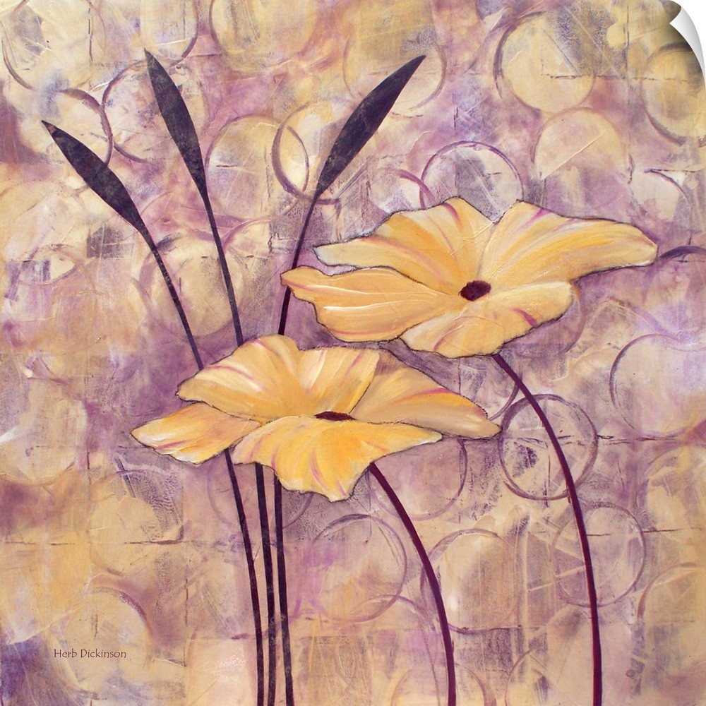 Contemporary painting of two golden flowers on an abstract background made with circular shapes and purple and gold tones.