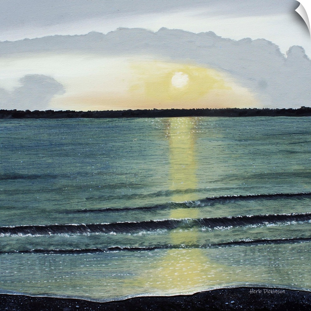 Landscape painting of a sunset over the ocean at Hilton Head on a square background.