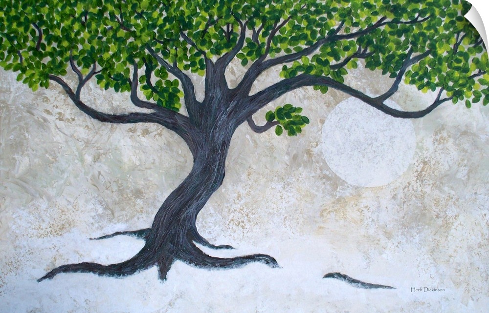 Painting of a tree with fresh green leaves on a neutral colored background with a large full moon towards the middle.