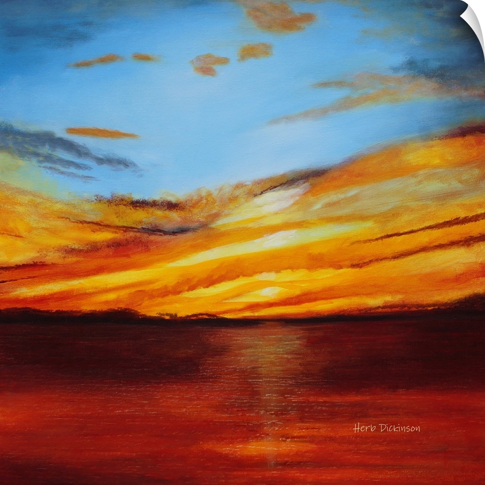 Abstract landscape painting with a bold red, orange, and yellow sunset.