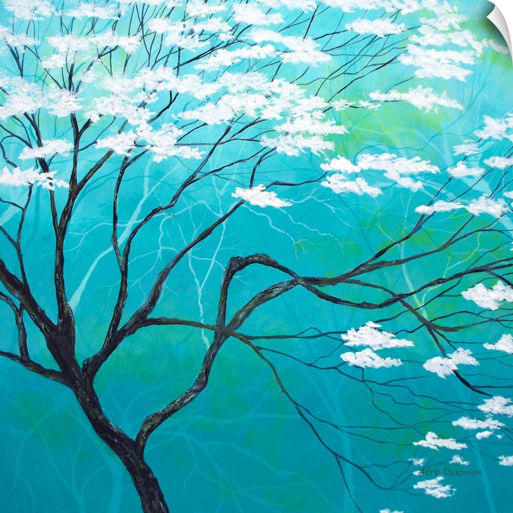 Tranquil painting of a swaying tree with white blossoms on a blue and green background with faint tree and branch silhouet...