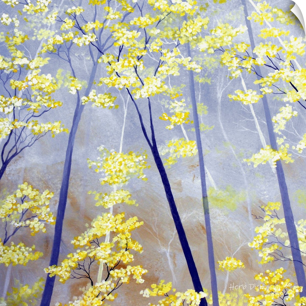 Square painting of blue and white tree trunks with white and yellow blossoms and a lavender colored background.