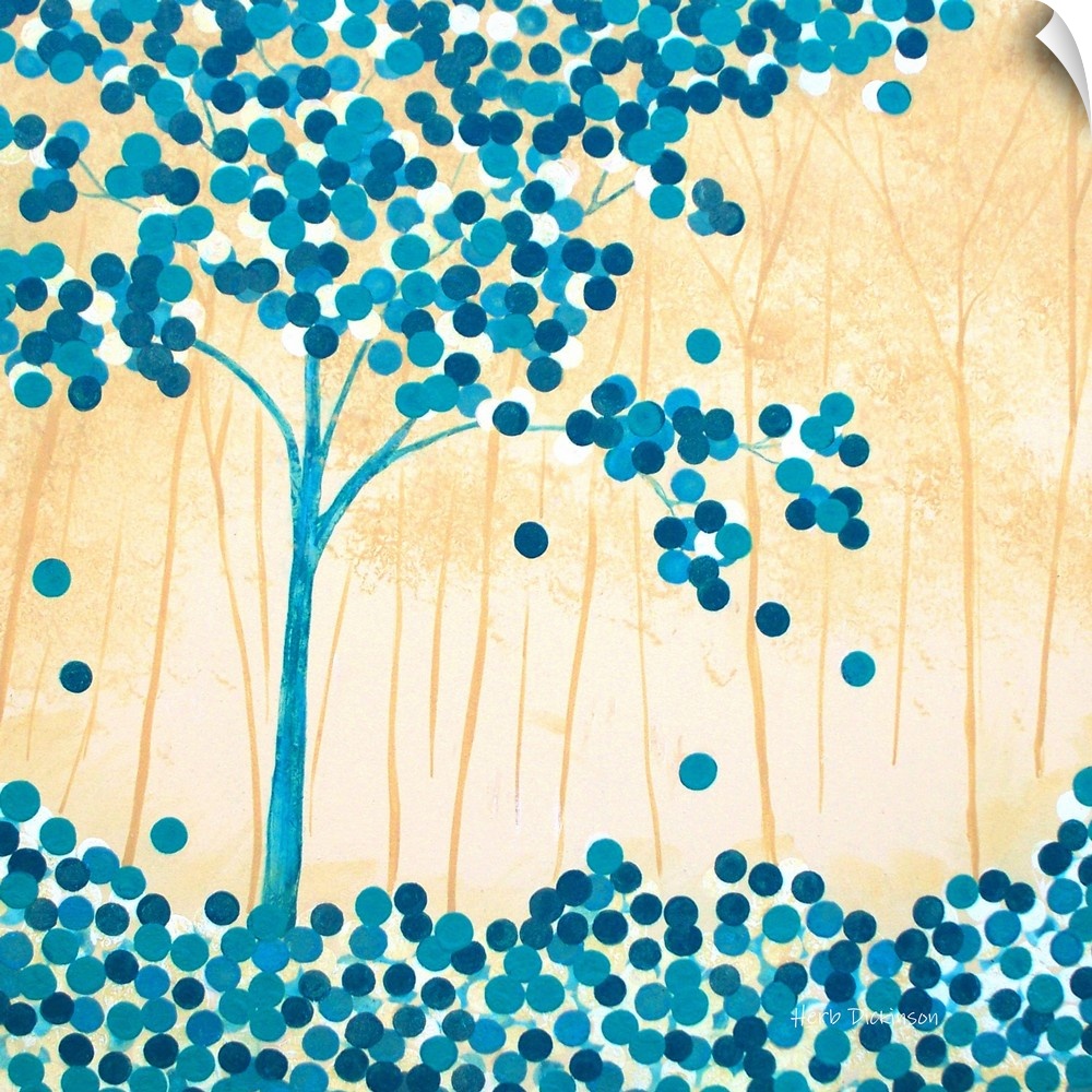 Abstract turquoise tree with circular leaves on a golden background with silhouetted trees.