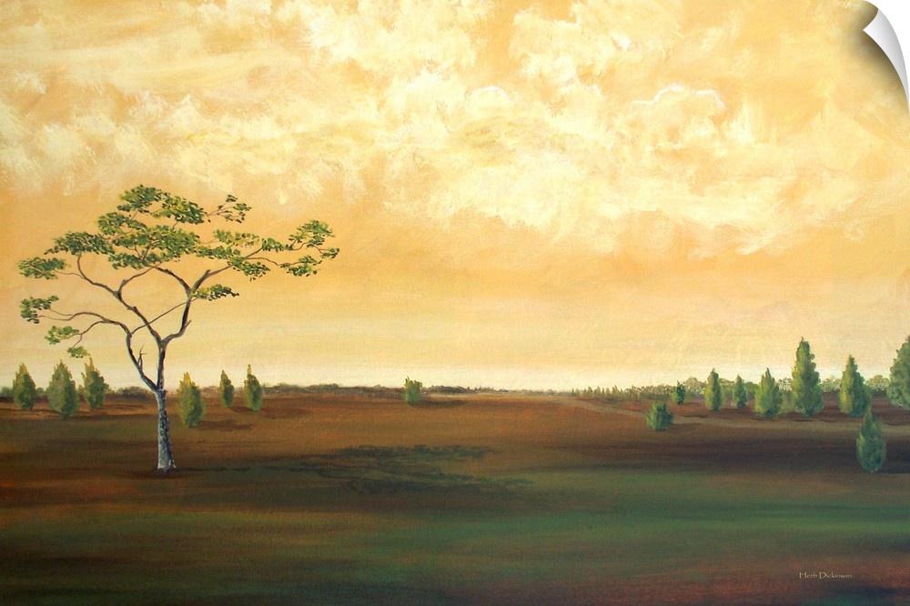 Contemporary landscape painting of a countryside with a few trees and a golden sky.