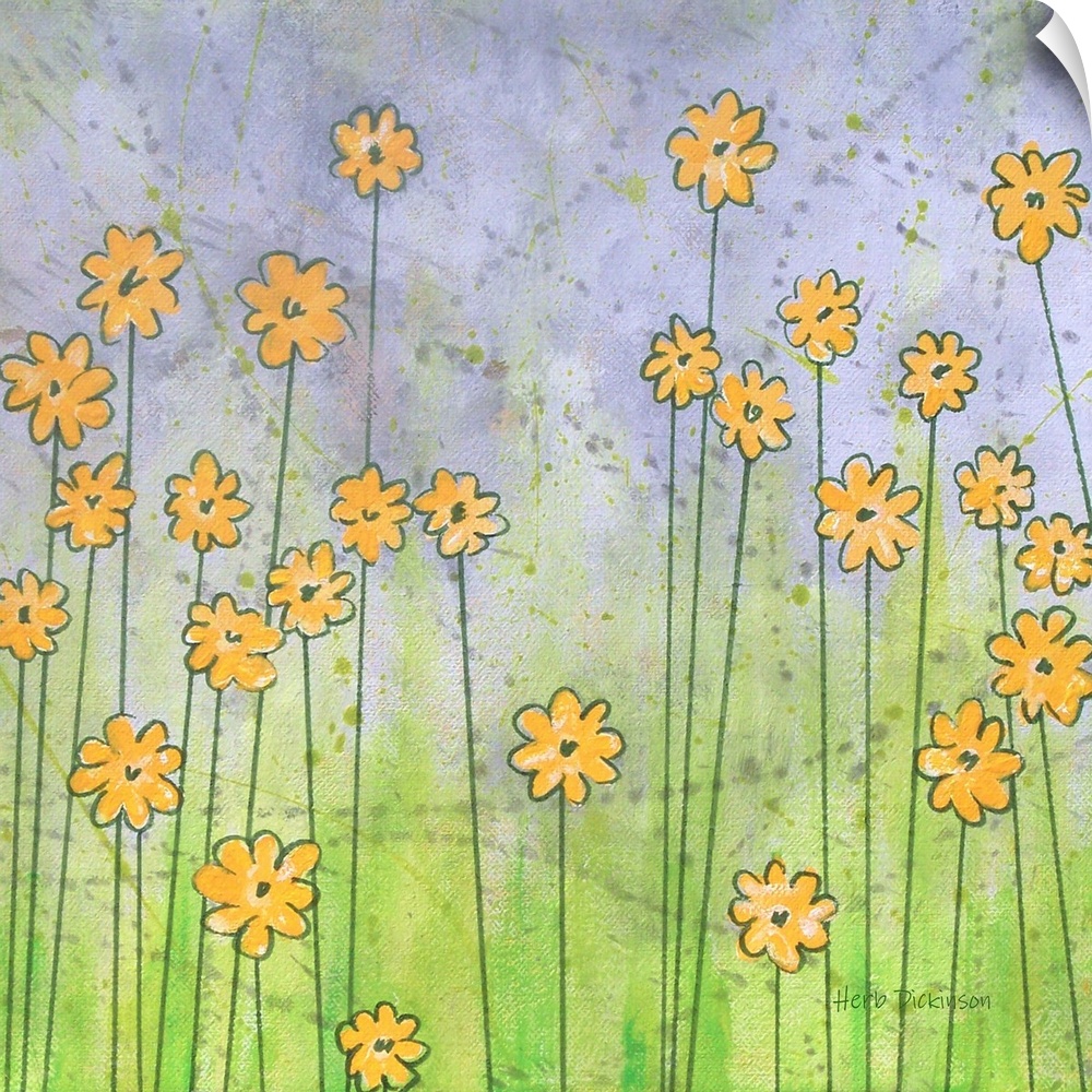 Painting of whimsical yellow flowers with long green stems on a square background.