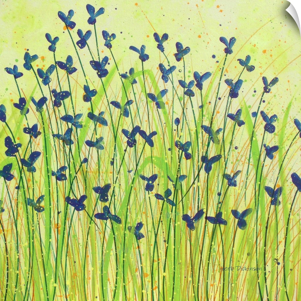 Blue wildflowers with green stems and orange and green grass on a light green paint splattered background.