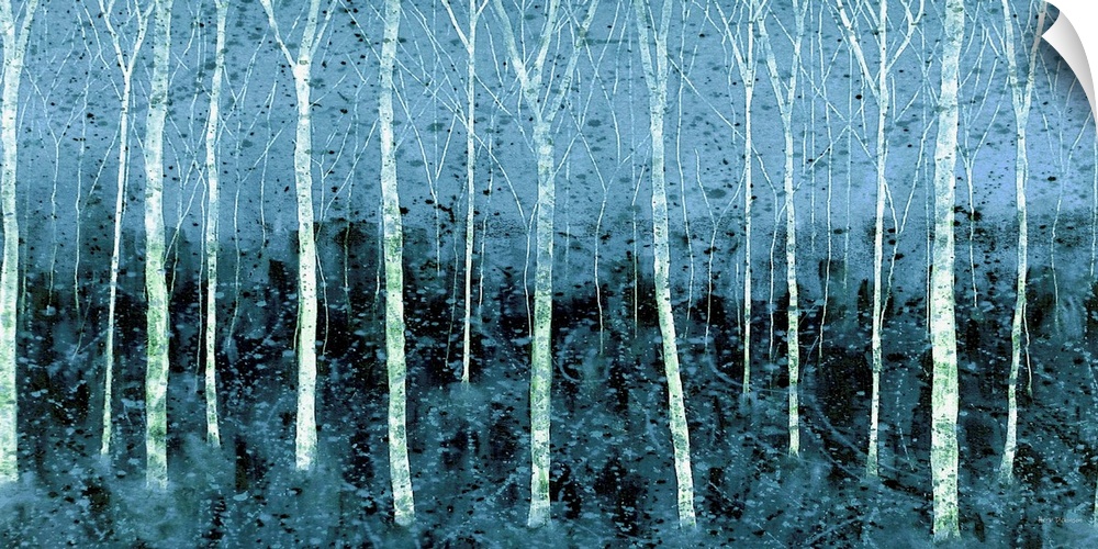 Contemporary painting of lines of bare Winter trees in a forest with blue hues.