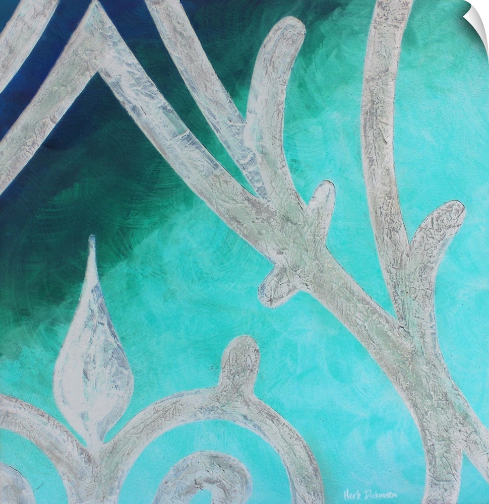 This is number IV from the Wrought Iron Series. Abstract wrought iron design on a background made with shades of blue.