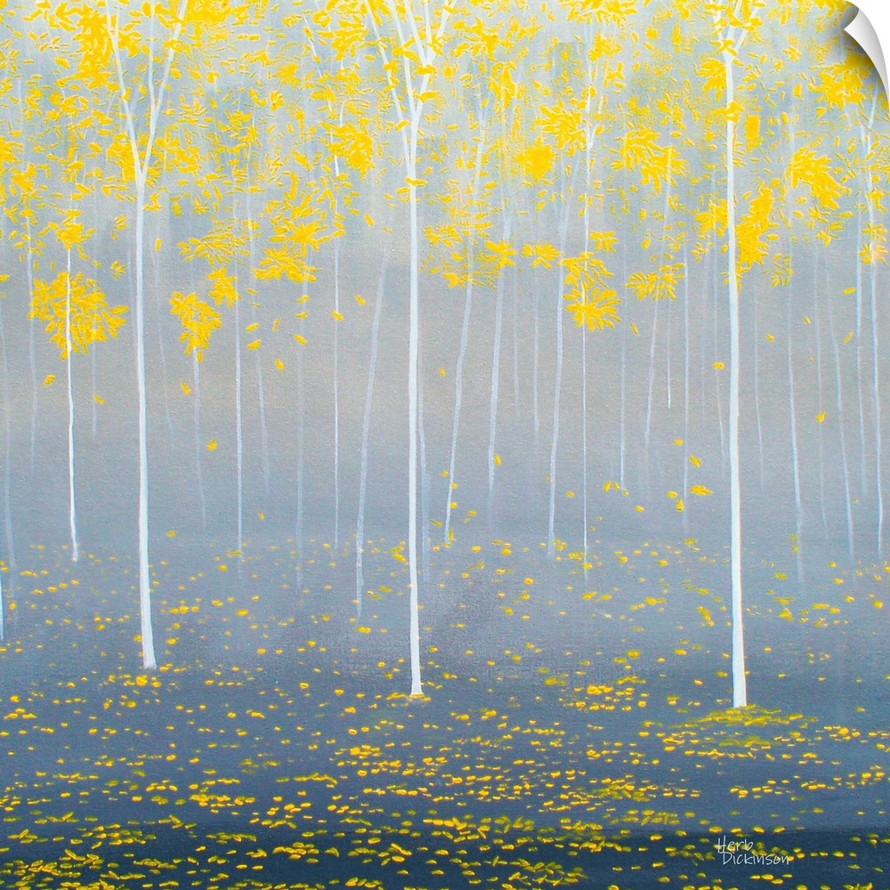 Yellow Autumn trees in a gray-blue forest on a square background.