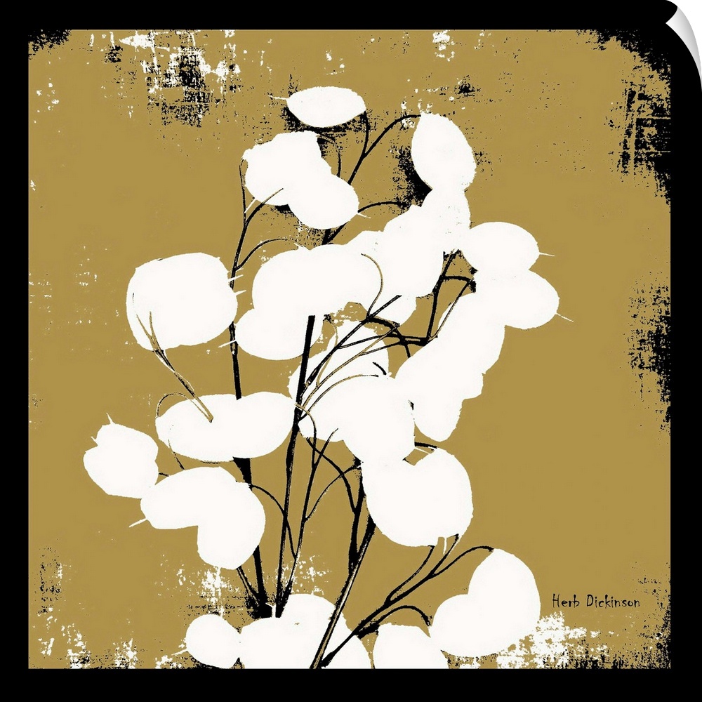 Square silhouetted painting of a money plant in black, gold, and white with a black boarder.