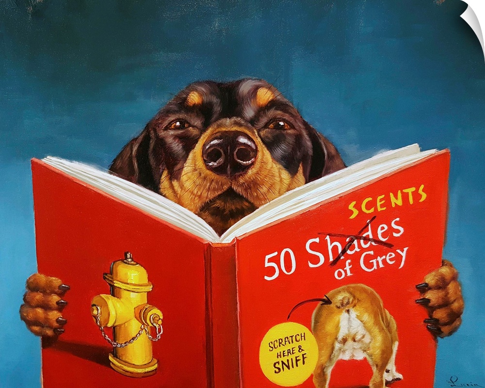 A painting of a dog reading "50 Scents of Grey".