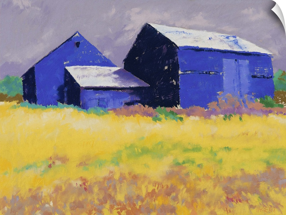 Contemporary painting of a blue barn and farm house in a yellow field.