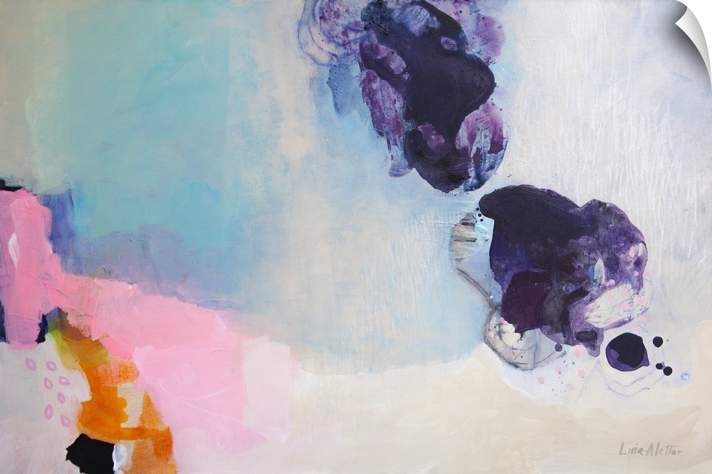 A horizontal abstract painting with colors of purple, pink and blue.
