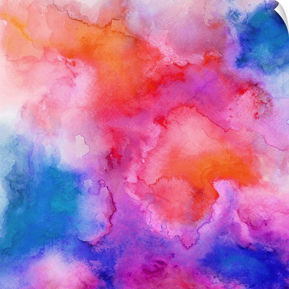 A square abstract watercolor painting in brilliant colors of pink, orange and blue.