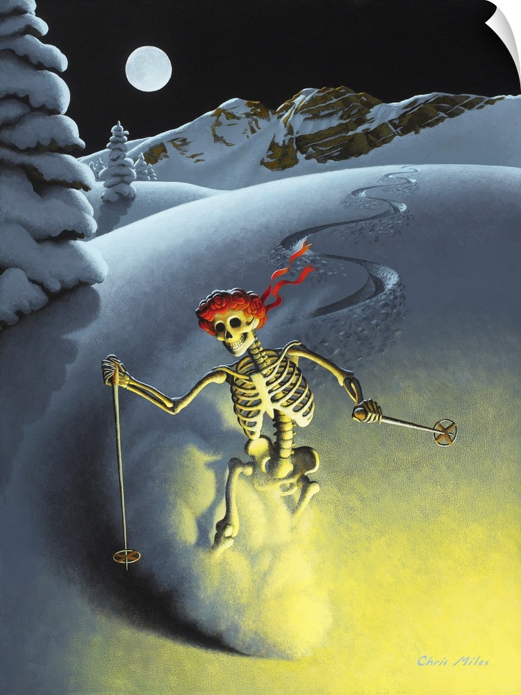 Whimsical painting of a skeleton skiing down a mountain at night.