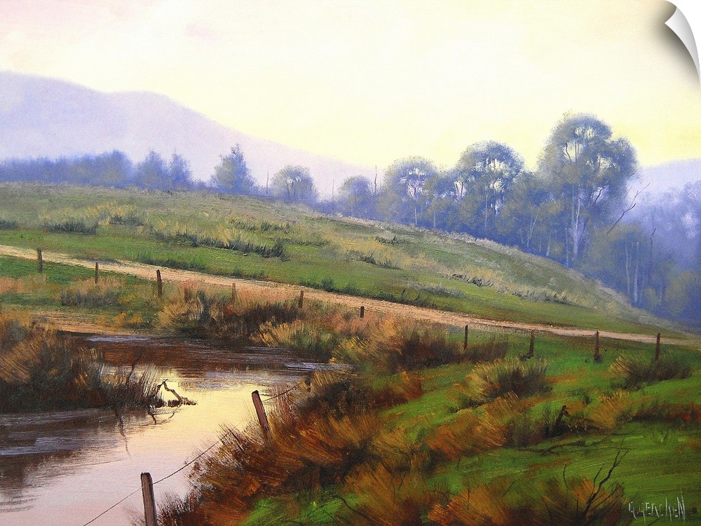 Contemporary painting of an idyllic countryside landscape.