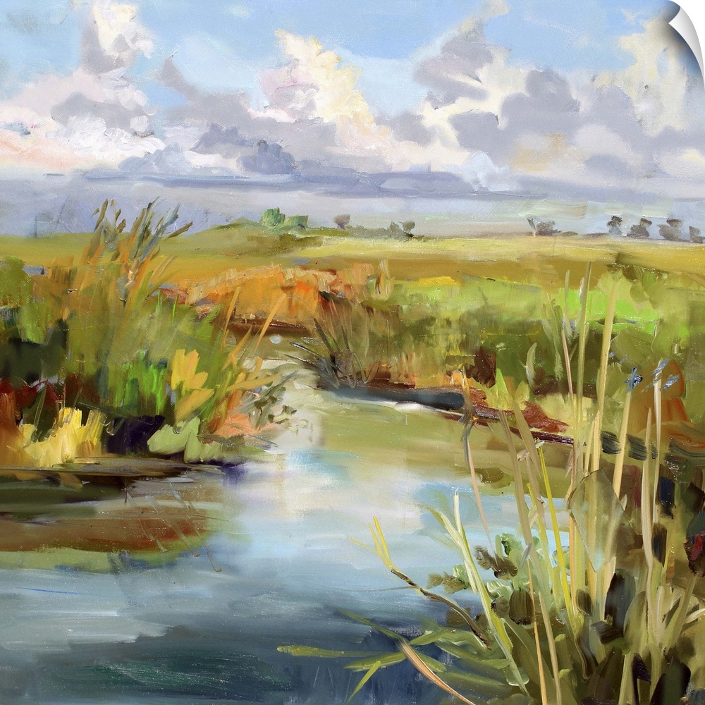 A contemporary painting of a marshland under a blue sky.