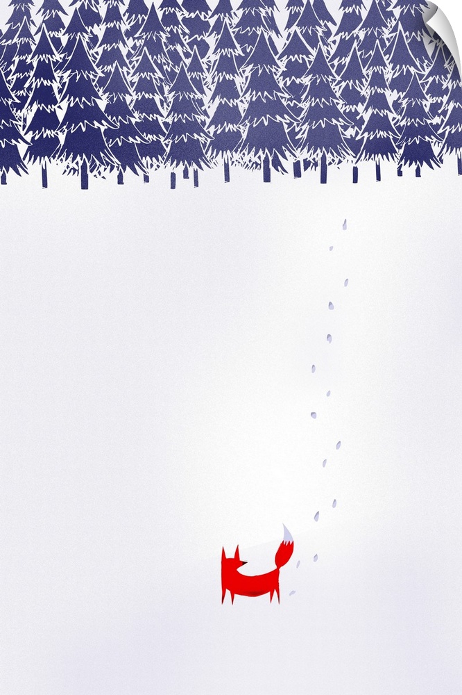 Decorative artwork of red fox trekking through the snow with a line of trees in the background.