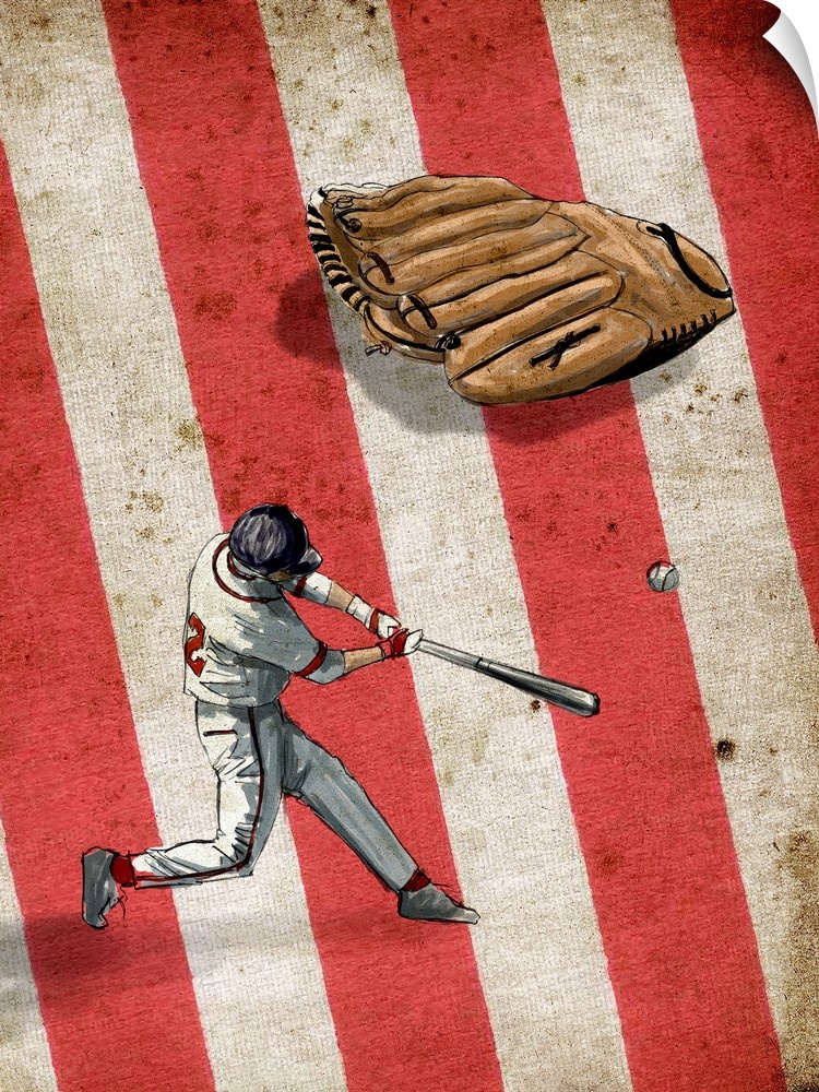 A digital illustration of a baseball player swinging a bat at a ball with the american flag in the background.