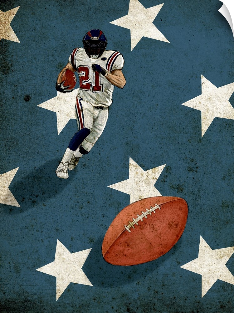 A digital illustration of a football player running with the american flag in the background.